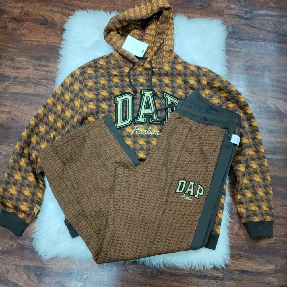 NWT Gap x Dapper Dan DAP GAP Unisex M/L Houndstooth Hoodie & Pant Set Brown/Gold - Picture 2 of 16